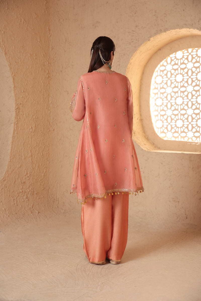 Mehrang Peach Short Pheran Kurta Set organza , silk tencel kurta/kurta set by Niti Bothra in peach for women Worldwide