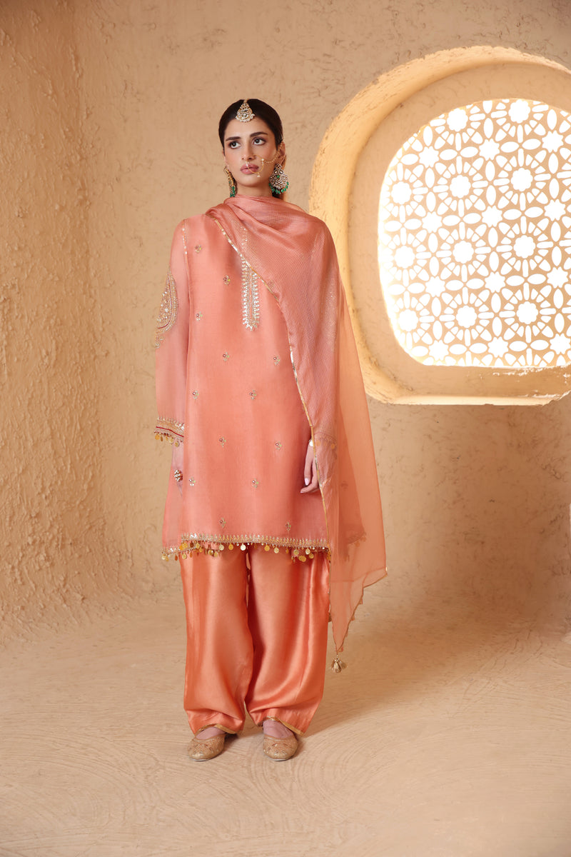 Mehrang Peach Short Pheran Kurta Set organza , silk tencel kurta/kurta set by Niti Bothra in peach for women Worldwide