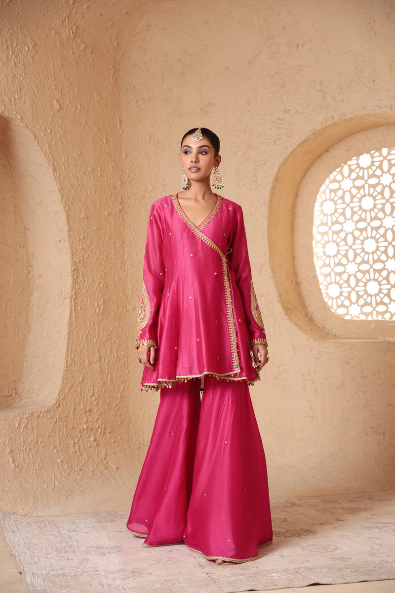 Mehrang Pink Angrakha Sharara Set silk chanderi kurta/kurta set by Niti Bothra in pink for women Worldwide