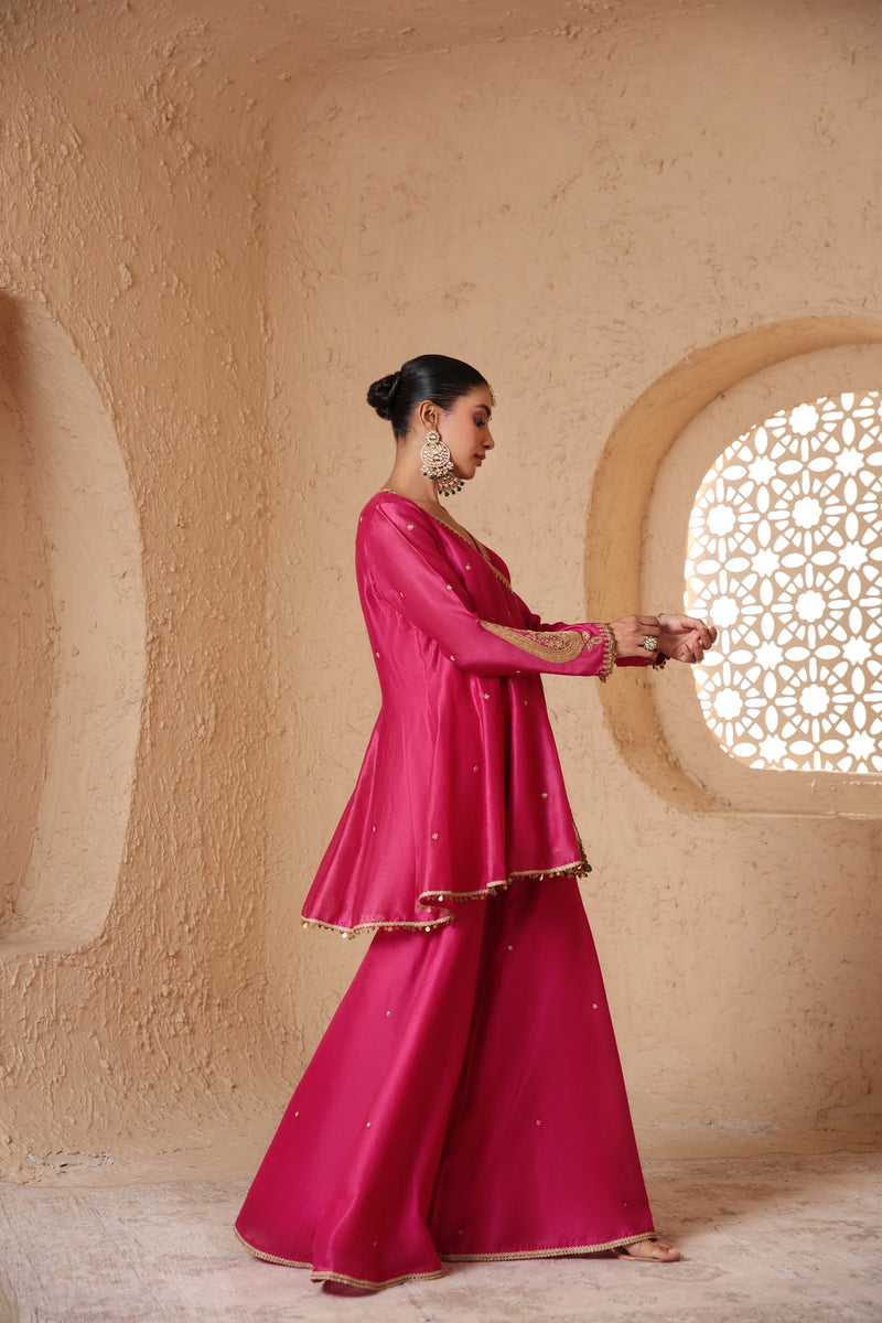 Mehrang Pink Angrakha Sharara Set silk chanderi kurta/kurta set by Niti Bothra in pink for women Worldwide