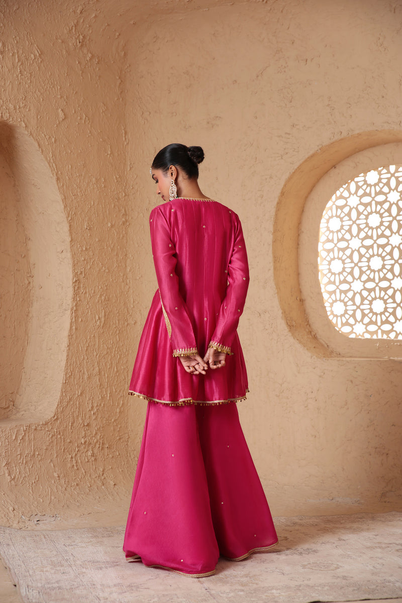 Mehrang Pink Angrakha Sharara Set silk chanderi kurta/kurta set by Niti Bothra in pink for women Worldwide