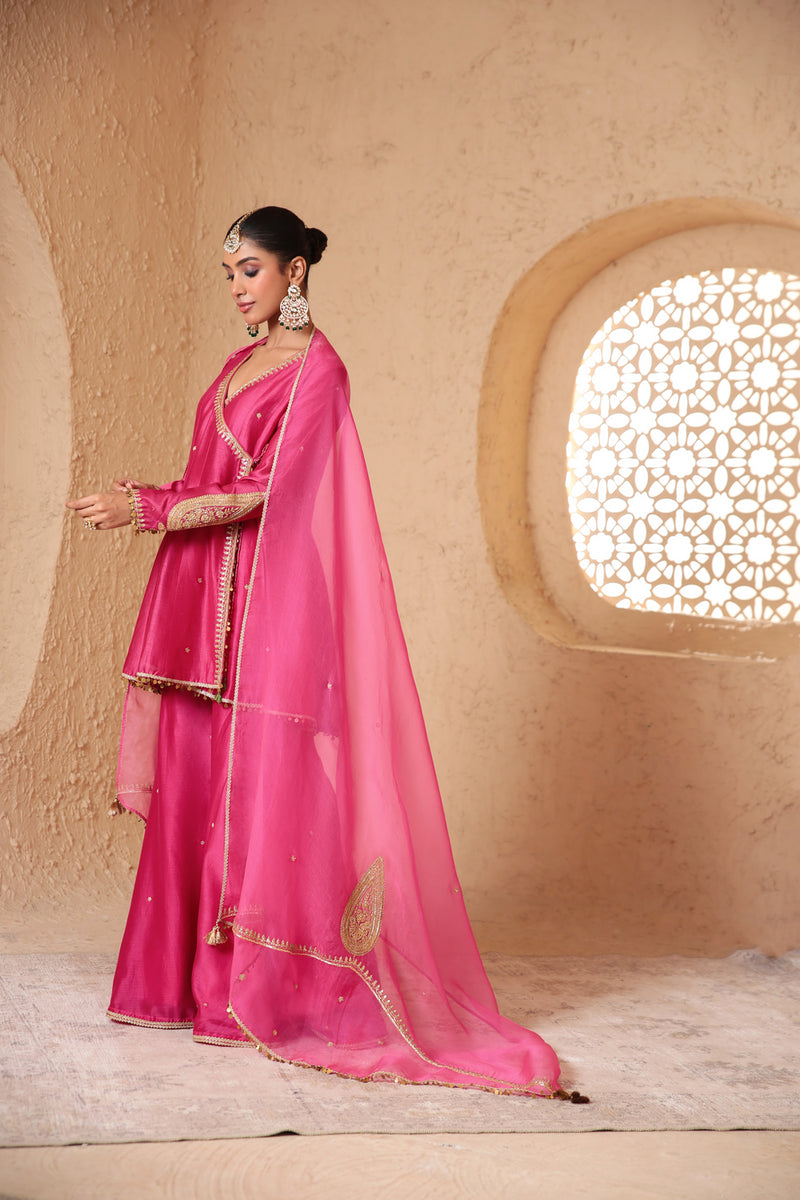 Mehrang Pink Angrakha Sharara Set silk chanderi kurta/kurta set by Niti Bothra in pink for women Worldwide