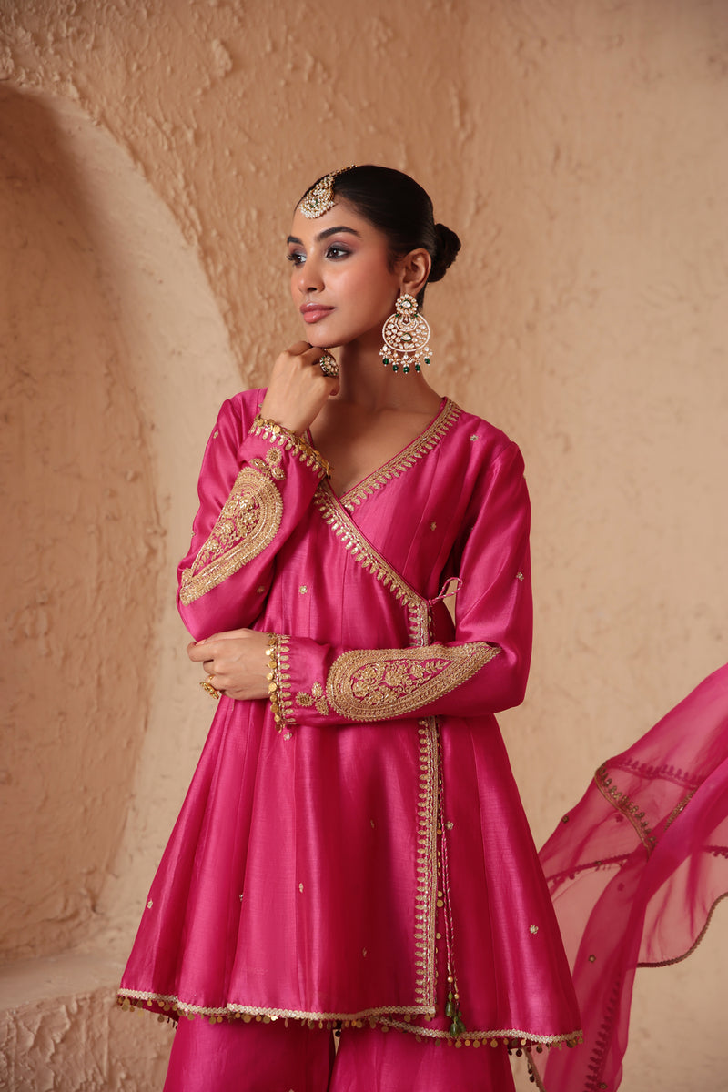 Mehrang Pink Angrakha Sharara Set silk chanderi kurta/kurta set by Niti Bothra in pink for women Worldwide
