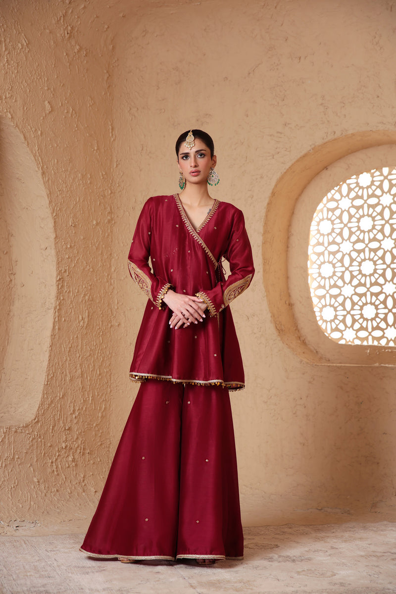 Mehrang Maroon Angrakha Sharara Set silk chanderi kurta/kurta set by Niti Bothra in maroon for women Worldwide