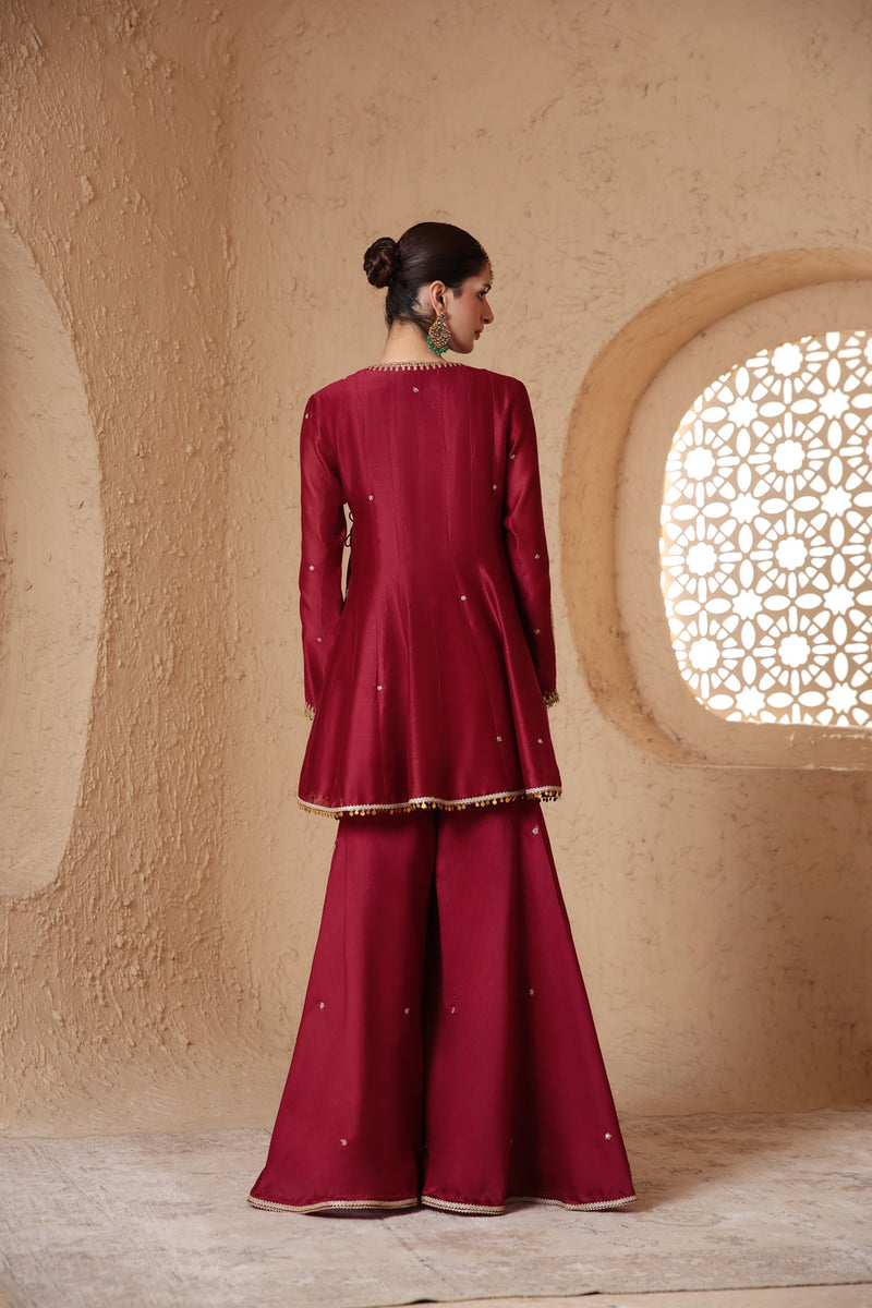 Mehrang Maroon Angrakha Sharara Set silk chanderi kurta/kurta set by Niti Bothra in maroon for women Worldwide
