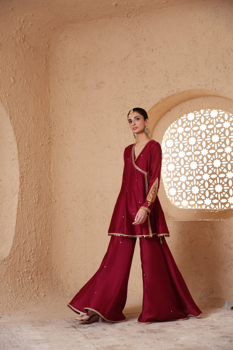 Mehrang Maroon Angrakha Sharara Set silk chanderi kurta/kurta set by Niti Bothra in maroon for women Worldwide
