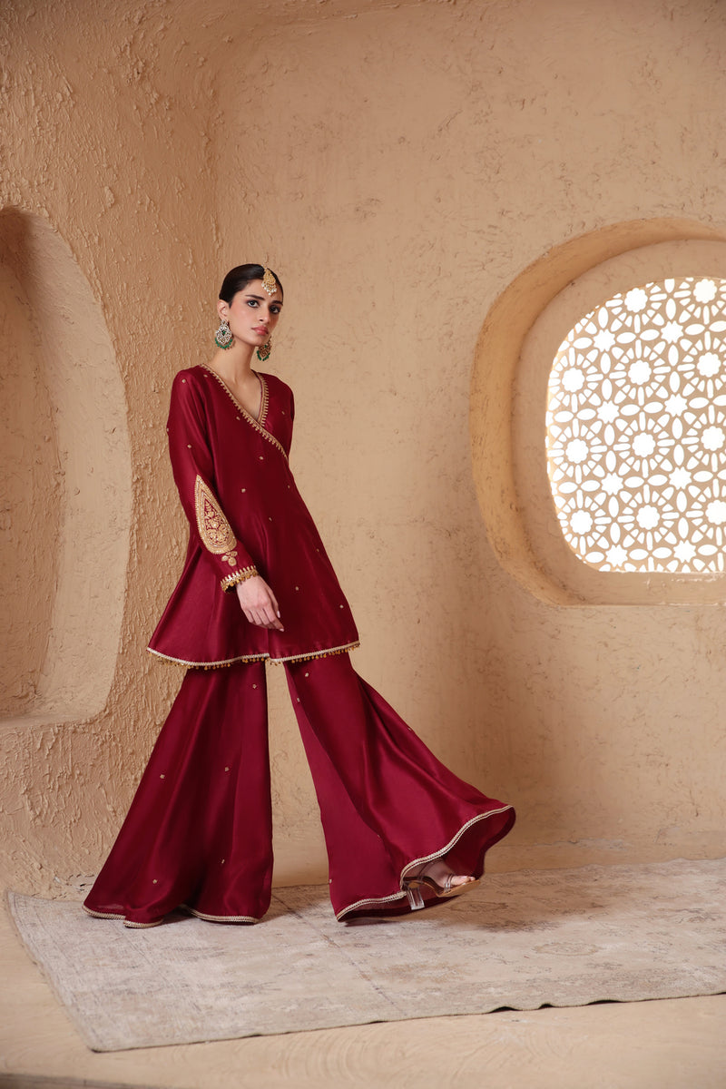 Mehrang Maroon Angrakha Sharara Set silk chanderi kurta/kurta set by Niti Bothra in maroon for women Worldwide