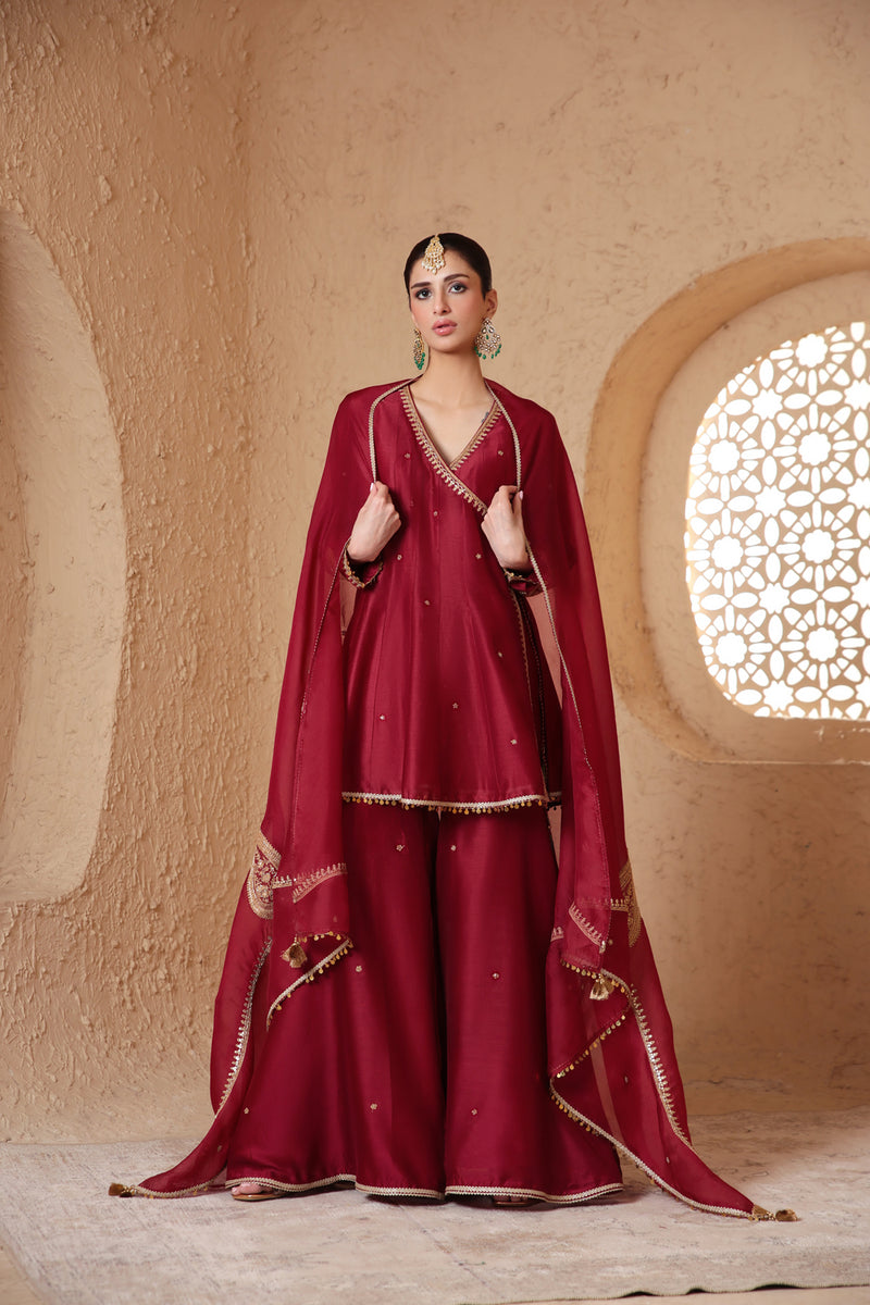 Mehrang Maroon Angrakha Sharara Set silk chanderi kurta/kurta set by Niti Bothra in maroon for women Worldwide