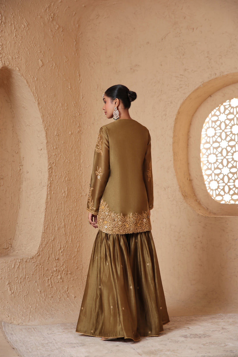 Mehrang Olive Green Heavy Sharara Set silk chanderi kurta/kurta set by Niti Bothra in green for women Worldwide