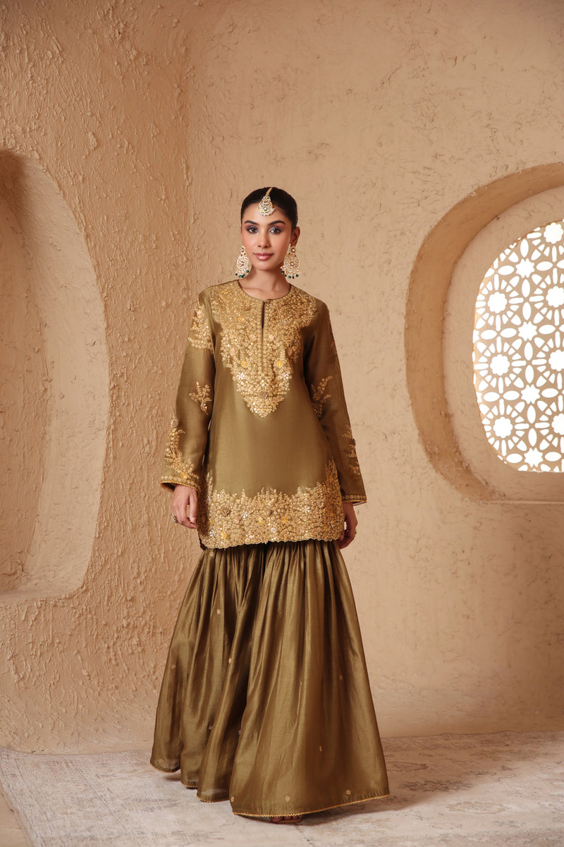 Mehrang Olive Green Heavy Sharara Set silk chanderi kurta/kurta set by Niti Bothra in green for women Worldwide