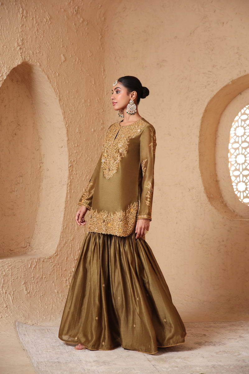 Mehrang Olive Green Heavy Sharara Set silk chanderi kurta/kurta set by Niti Bothra in green for women Worldwide