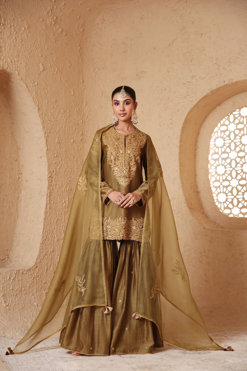 Mehrang Olive Green Heavy Sharara Set silk chanderi kurta/kurta set by Niti Bothra in green for women Worldwide