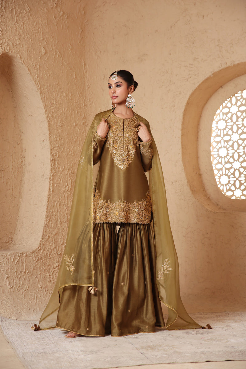 Mehrang Olive Green Heavy Sharara Set silk chanderi kurta/kurta set by Niti Bothra in green for women Worldwide