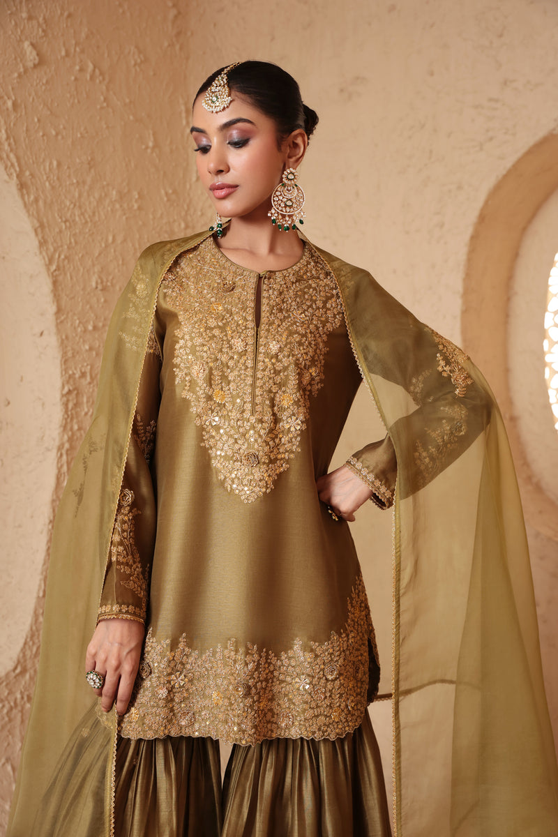 Mehrang Olive Green Heavy Sharara Set silk chanderi kurta/kurta set by Niti Bothra in green for women Worldwide