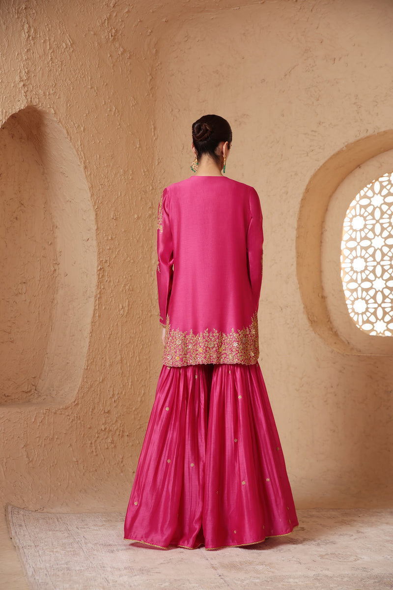 Mehrang Pink Heavy Sharara Set silk chanderi kurta/kurta set by Niti Bothra in pink for women Worldwide