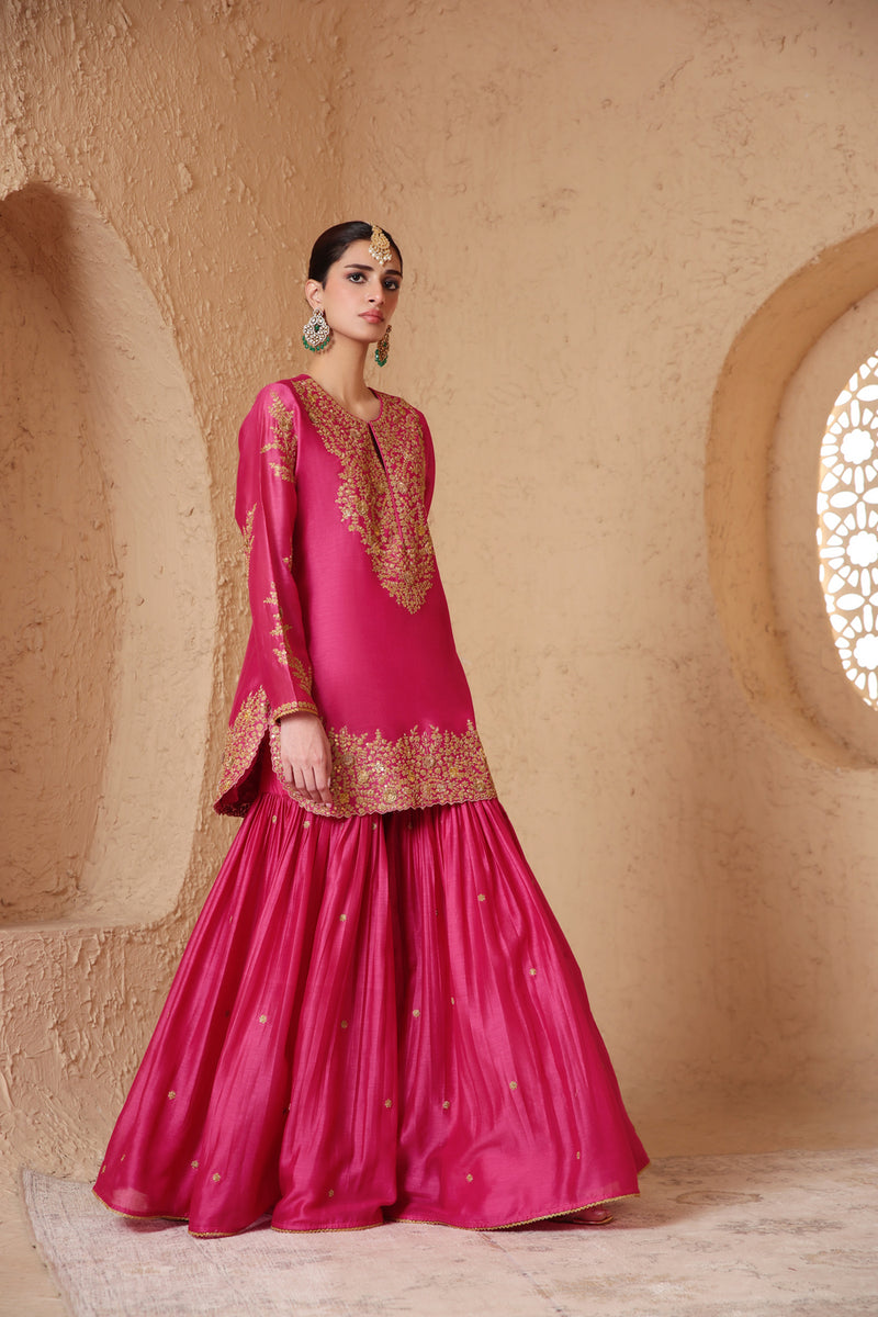 Mehrang Pink Heavy Sharara Set silk chanderi kurta/kurta set by Niti Bothra in pink for women Worldwide