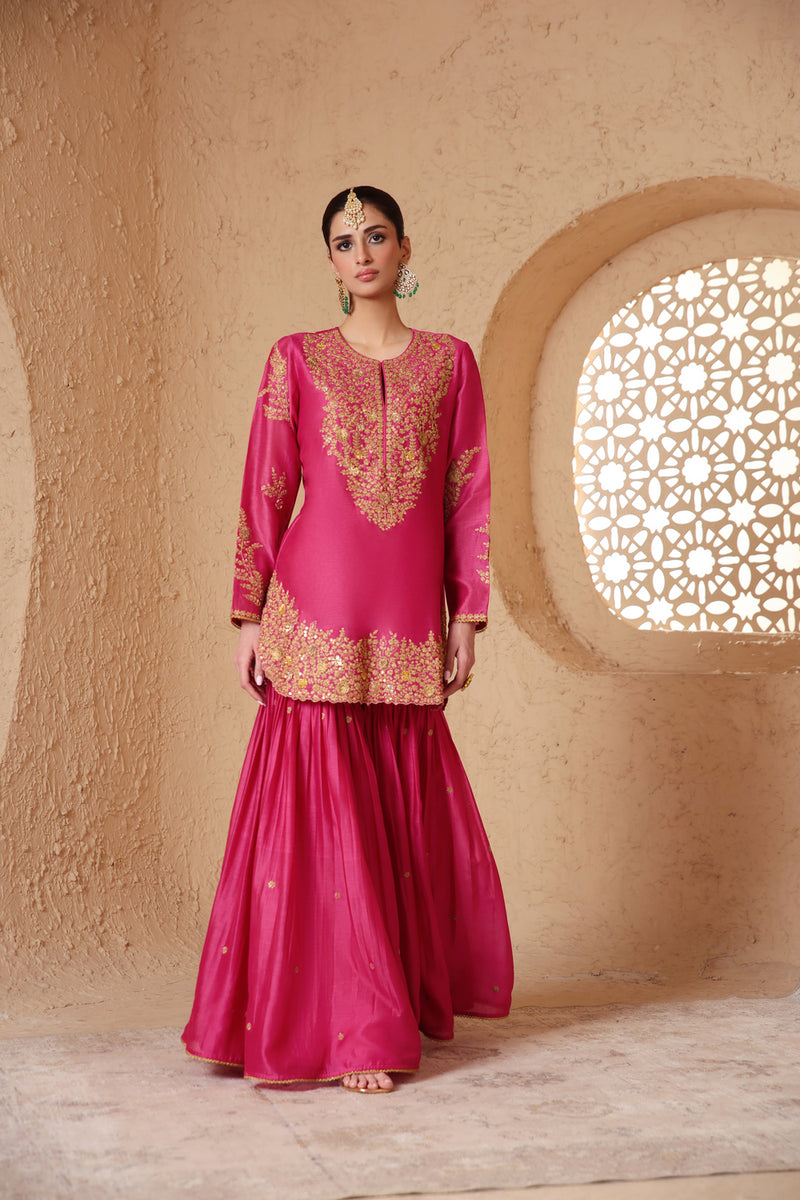 Mehrang Pink Heavy Sharara Set silk chanderi kurta/kurta set by Niti Bothra in pink for women Worldwide