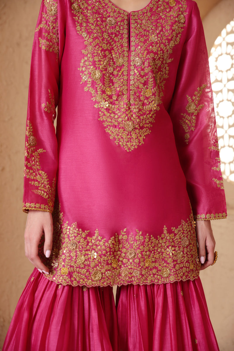 Mehrang Pink Heavy Sharara Set silk chanderi kurta/kurta set by Niti Bothra in pink for women Worldwide
