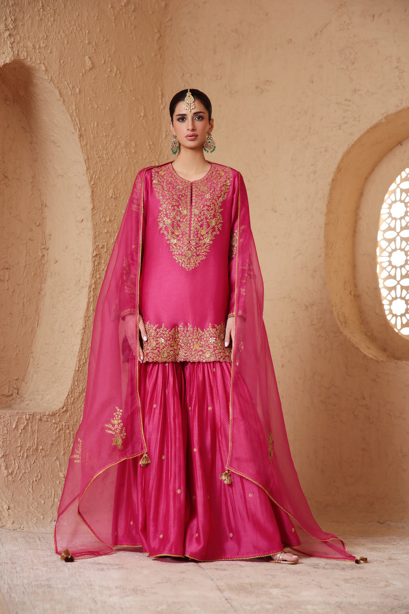 Mehrang Pink Heavy Sharara Set silk chanderi kurta/kurta set by Niti Bothra in pink for women Worldwide