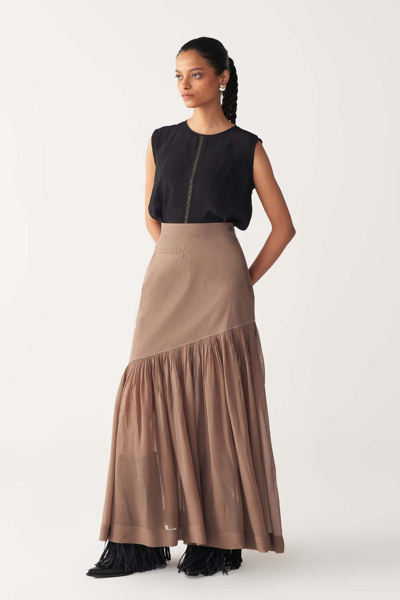 SHEER PANEL SKIRT-CEDAR poplin by THREE for women Worldwide