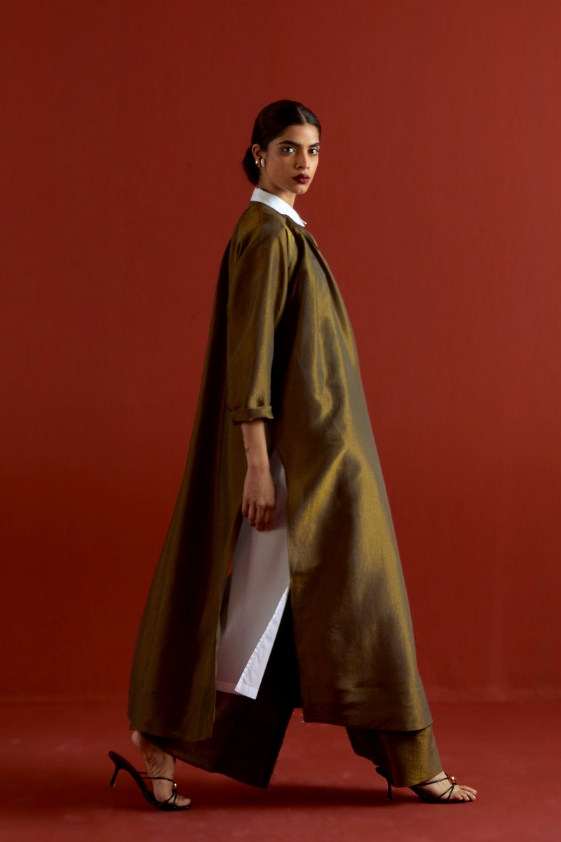 GATHER NECK SHIRT CO-ORD-OLIVE GOLD tissue by THREE in gold color for women Worldwide