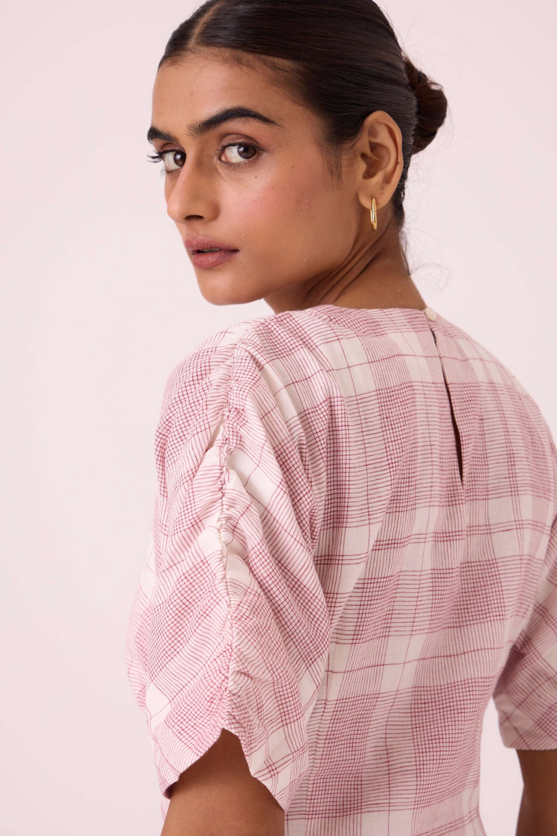 Pine Checkered Handwoven Dress cotton by The Summer House in white color for women Worldwide