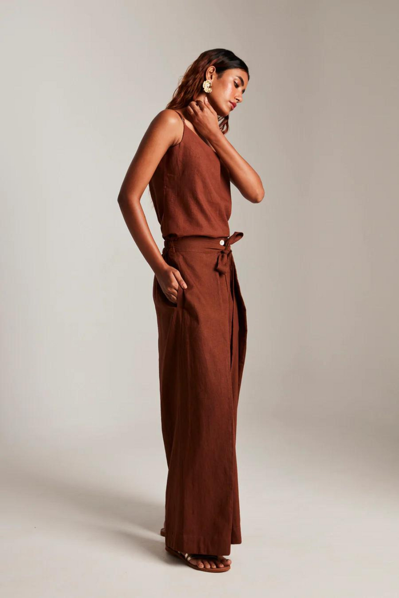 Mocha Co-Linen Wrap Pants cotton by Saphed in brown color for women Worldwide