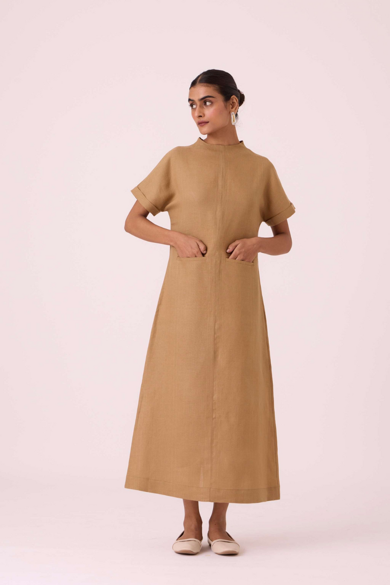 Salome Tan Linen Dress linen by The Summer House in olive color for women Worldwide