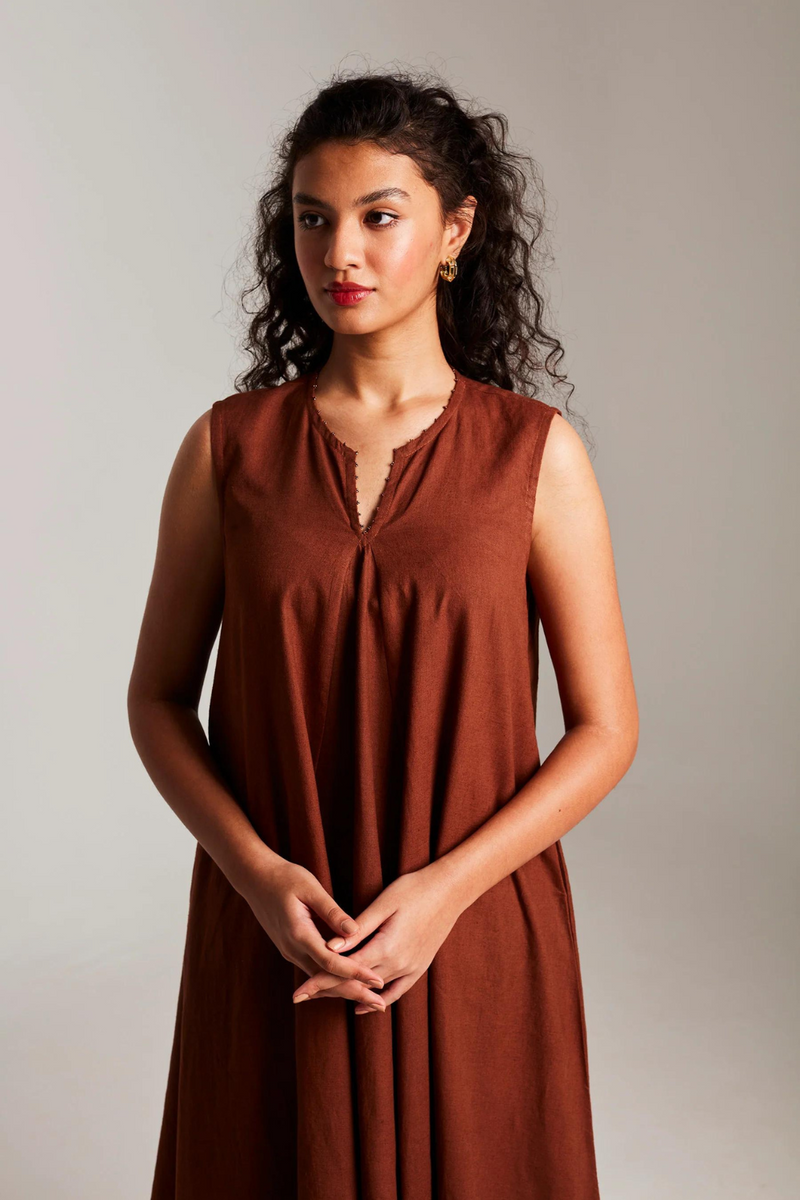 Mocha Co-Linen Sleeveless Flared Kurta Set cotton by Saphed in brown color for women Worldwide