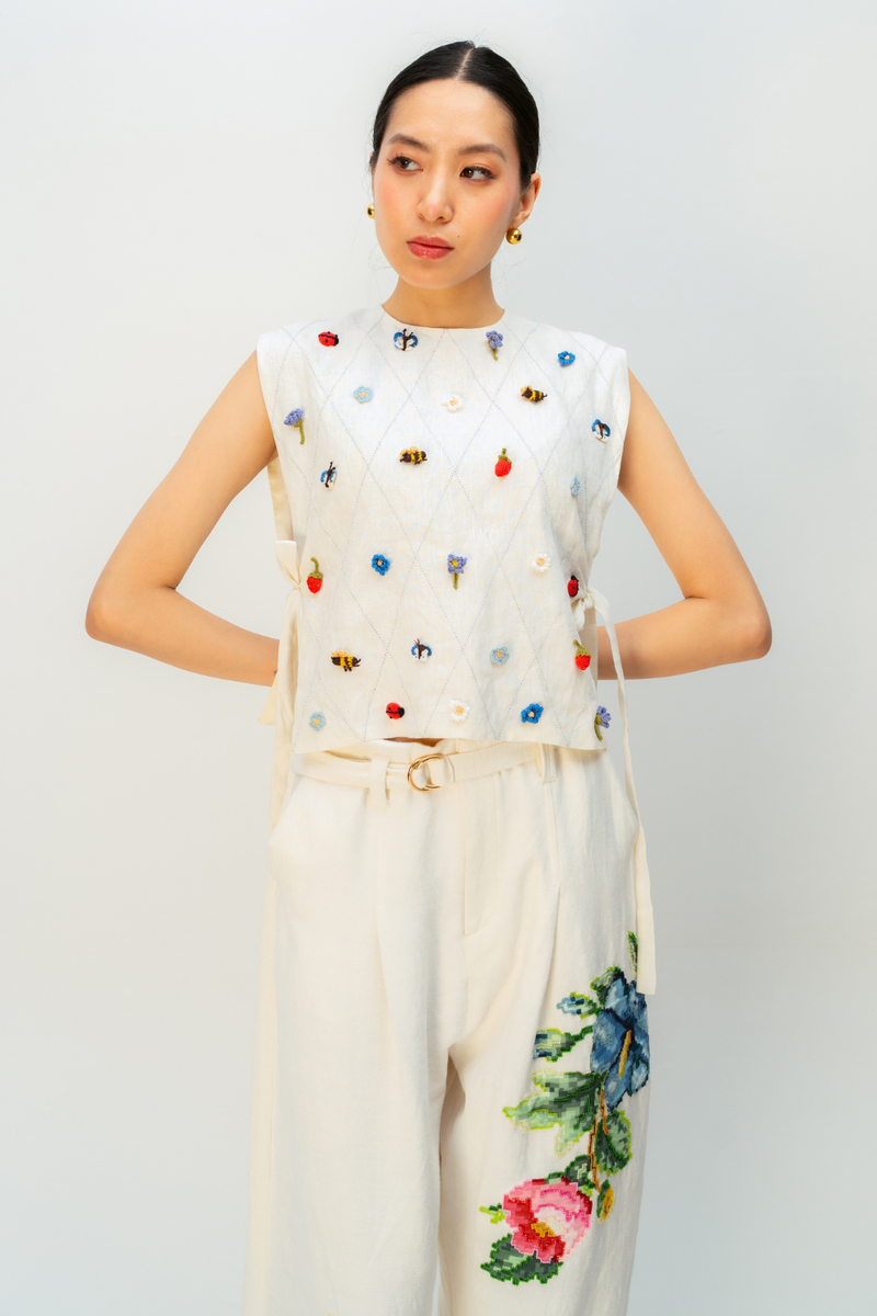 SOFT LATTICE BIB linen jacket/overlay by Ode to Odd in off white for women Worldwide