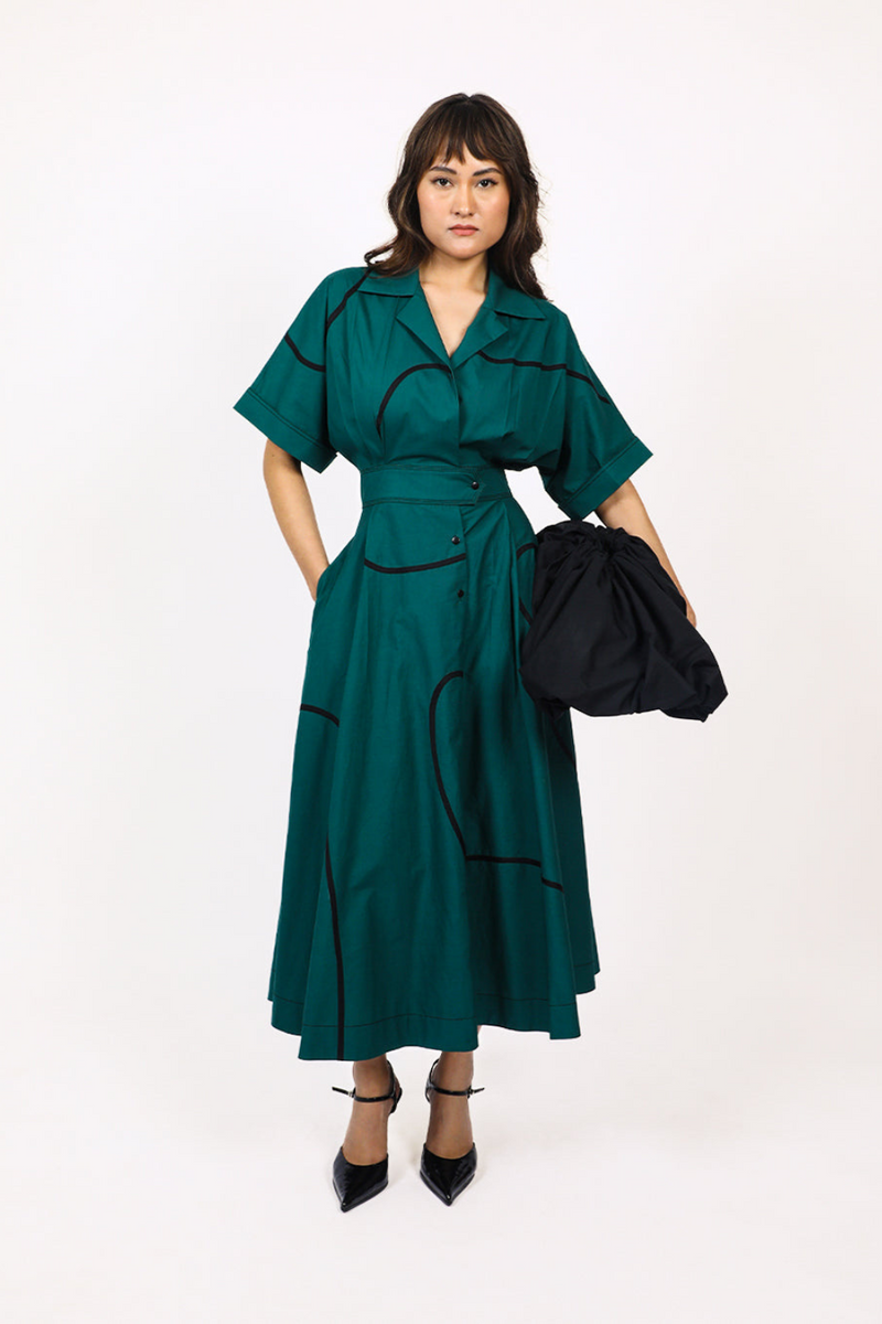 Stem Sundress 100% cotton by Leh Studios in green color for women Worldwide