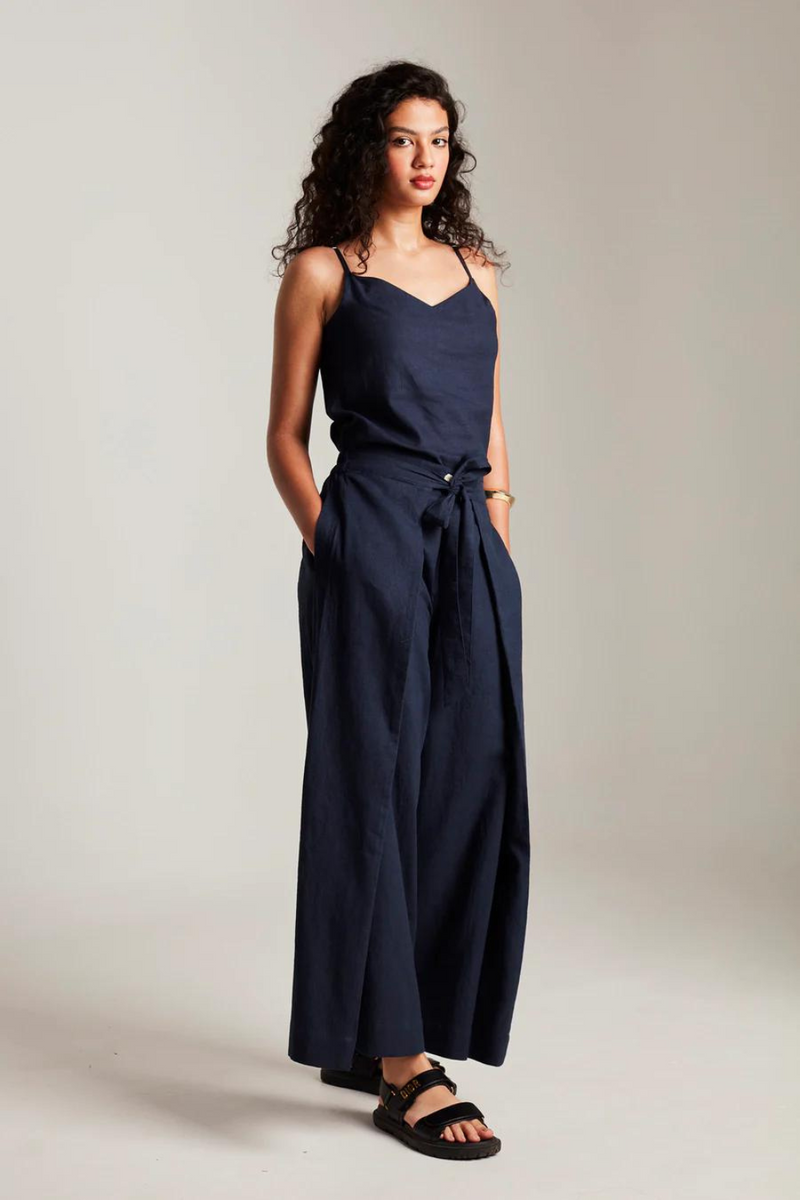 Navy Co-Linen Wrap Pants cotton by Saphed in navy color for women Worldwide