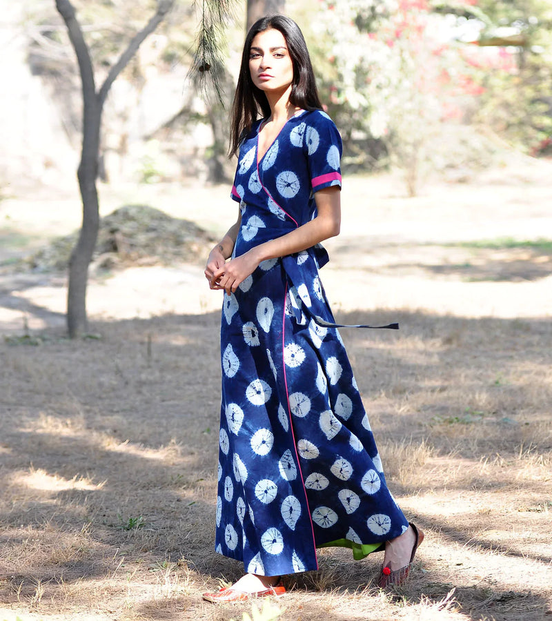 Indigo Rush Shibori Gown Dress by Khara Kapas for women Worldwide