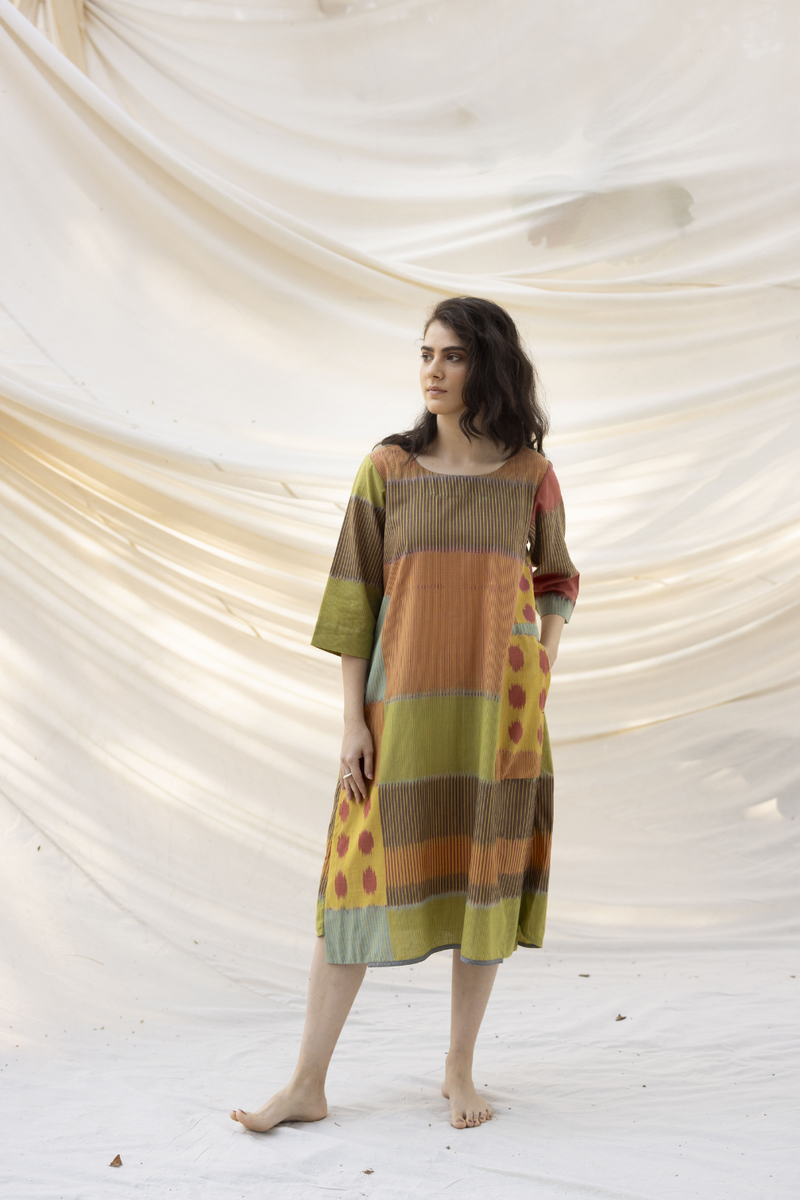 SUR A-LINE DRESS 100% cotton by Translate - Handwoven Ikat in multi color for women Worldwide