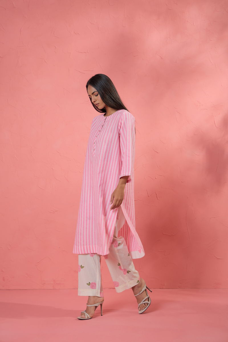Gul Rose Stripe Set cotton cambric light kurta set by AAVIDI in pink for women Worldwide