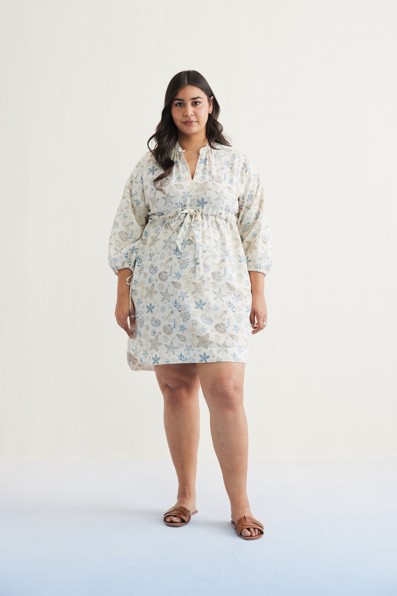 The Marine Handspun Handwoven Organic Cotton Short Dress cotton by SUI in white color for women Worldwide