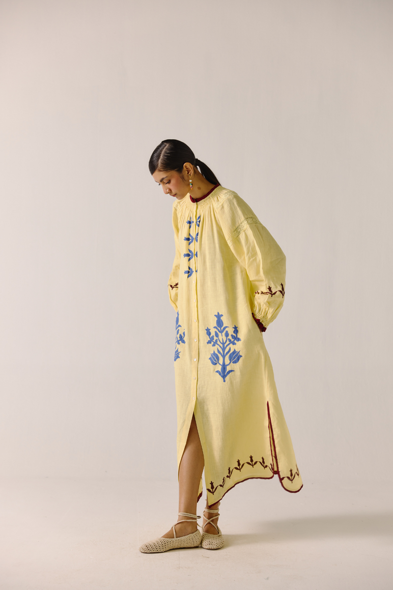 Chloe Dress - Butter Yellow Bird Applique by CORD in yellow for women Worldwide