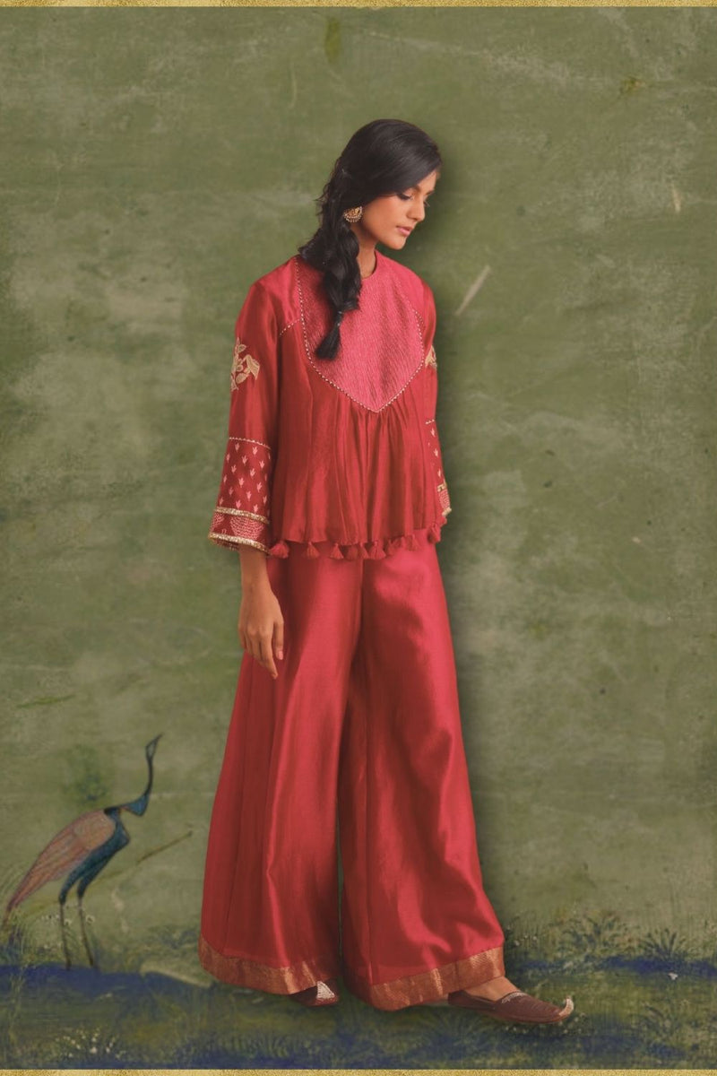 Gulal Top & Palazzo chanderi by Myoho in red color for women Worldwide