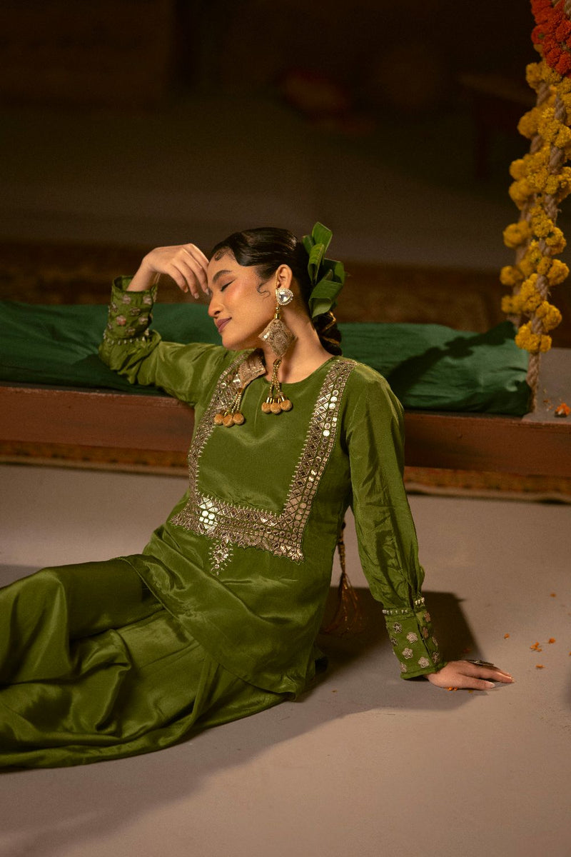 Sunira Green Tunic Top & Dhoti Skirt Set- Mehendi silk by PRAHNAAYA for women Worldwide