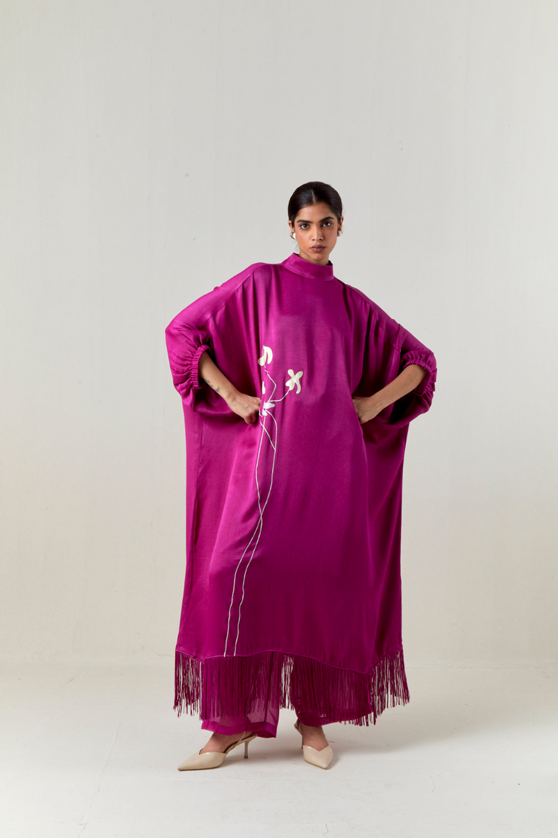 FLORAL FRINGE KAFTAN CO-ORD-FUCHSIA satin by THREE for women Worldwide
