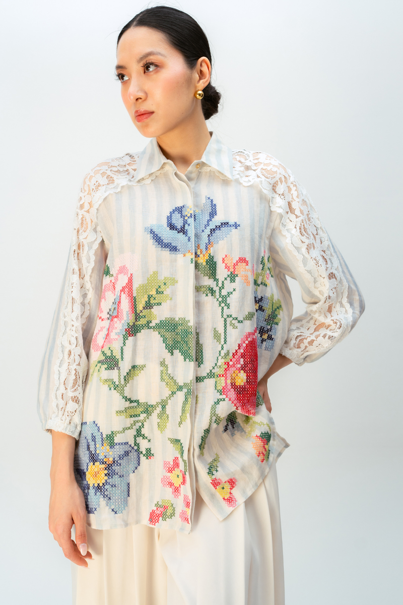 BLUSHING PETAL SHIRT linen top/shirt by Ode to Odd in blue for women Worldwide