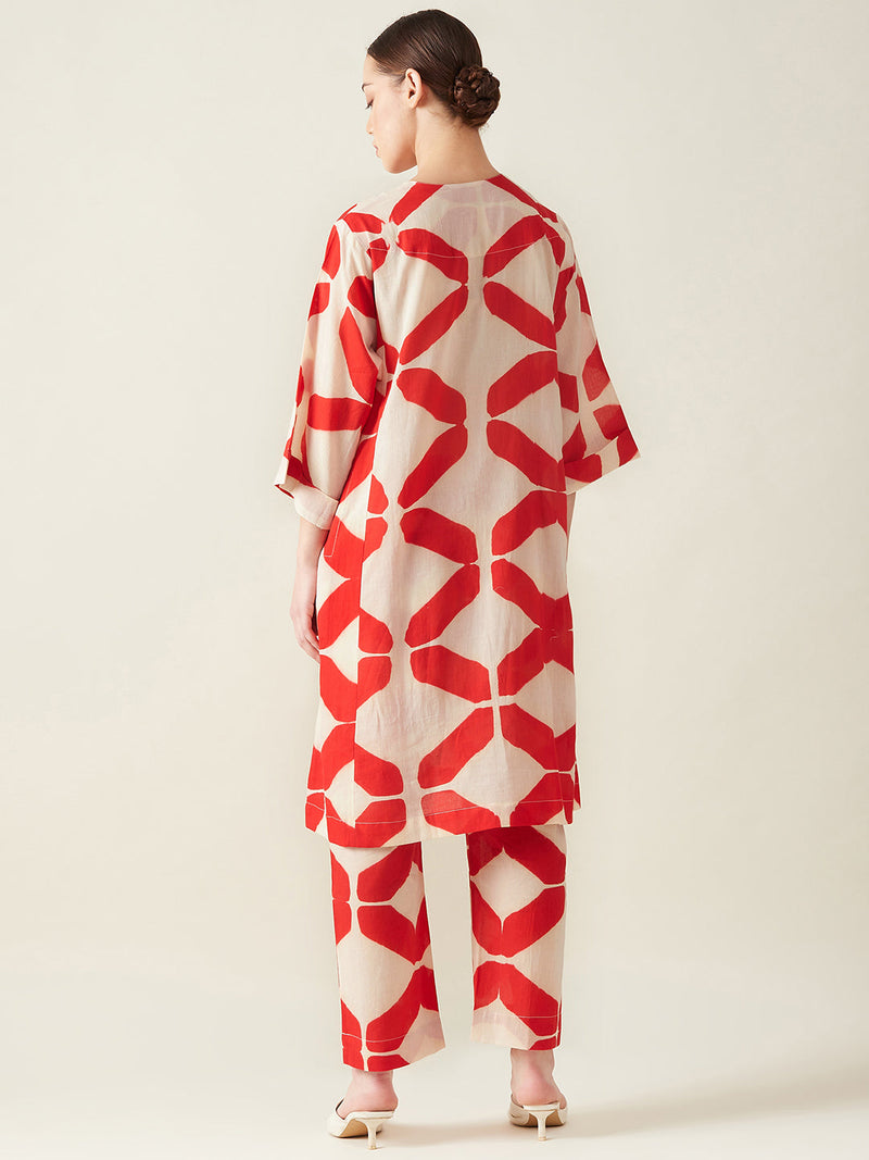 Red Clamp Dye Embroidered Co ord set cotton Artisan made - Block Printed by Aavidi for women Worldwide