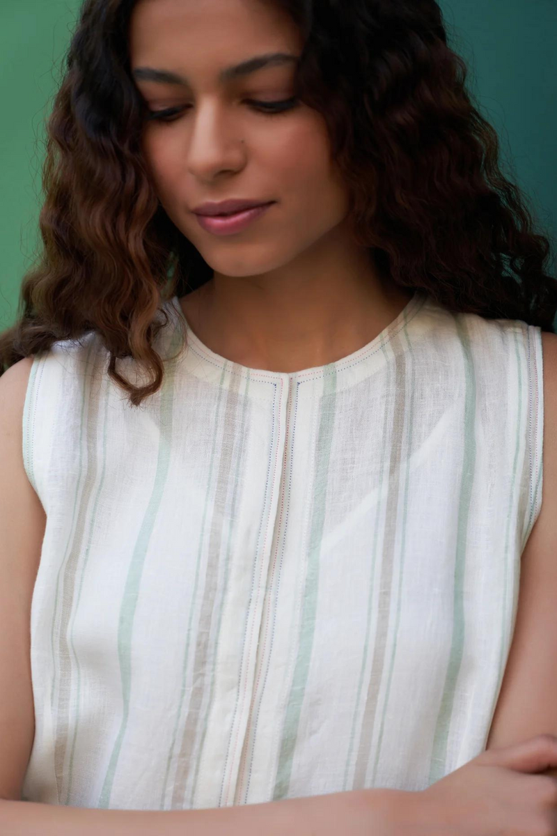 Una Striped Linen Sleeveless Dress
 - Mint linen by Manan in mint color for women Worldwide