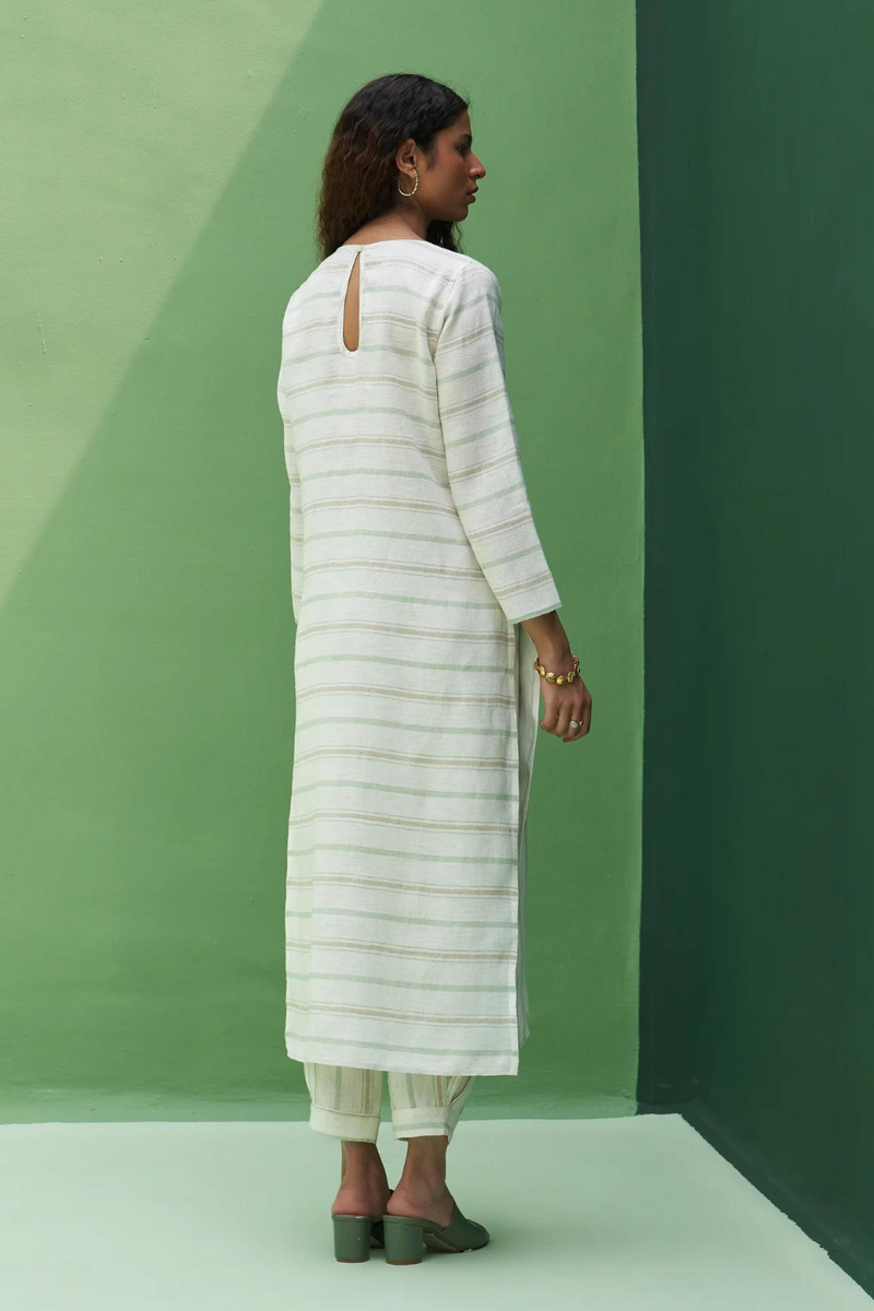 Eiko Striped Linen Kurta
 - Mint linen by Manan in mint color for women Worldwide