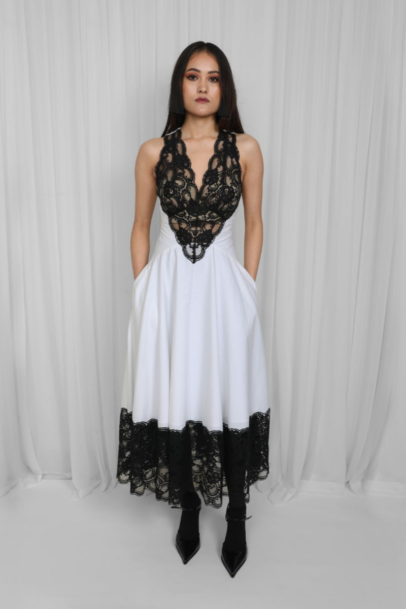 Jia Dress-Black & White 100% cotton by Leh Studios in black color for women Worldwide