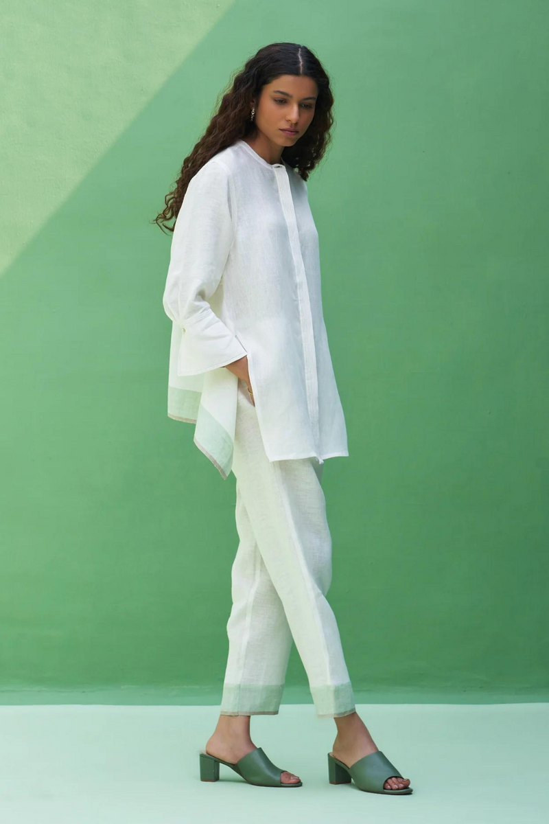 Yoshi Border Linen Top
 - Ivory linen by Manan in ivory color for women Worldwide