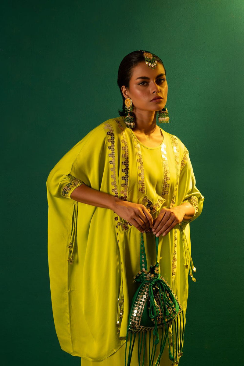 Chamakeen Masai Neon Co-ord Set satin by PRAHNAAYA in green color for women Worldwide