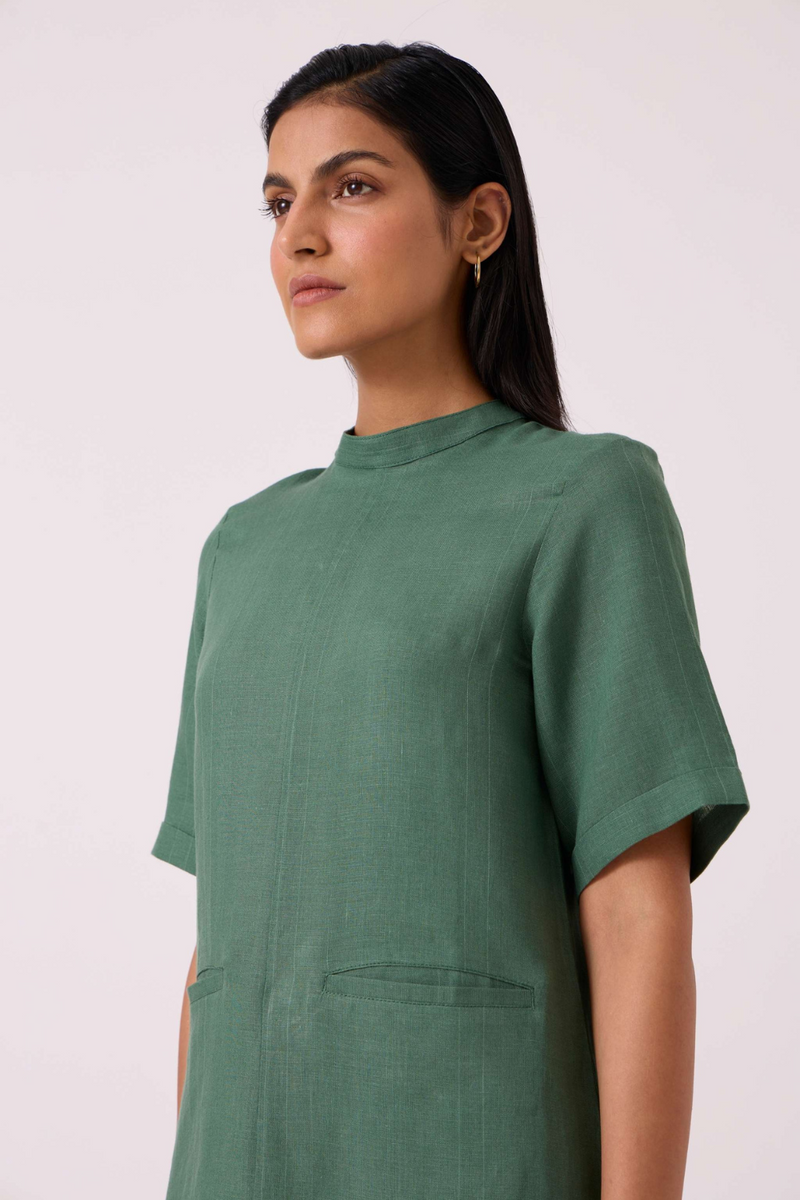 Tula Green Linen Shift Dress by The Summer House in green color for women Worldwide