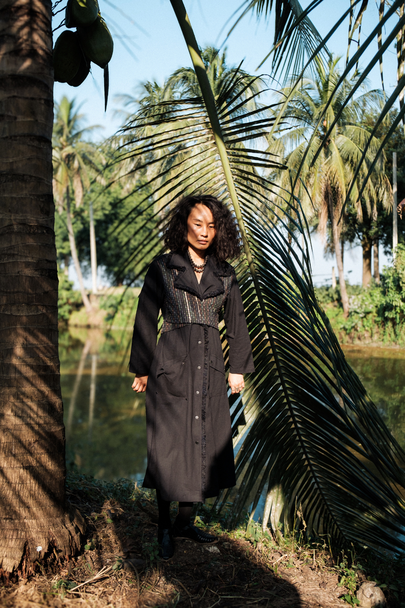 Upcycled Handwoven Copenhagen Trench - Black Green cotton by The Terra Tribe in green color for women Worldwide