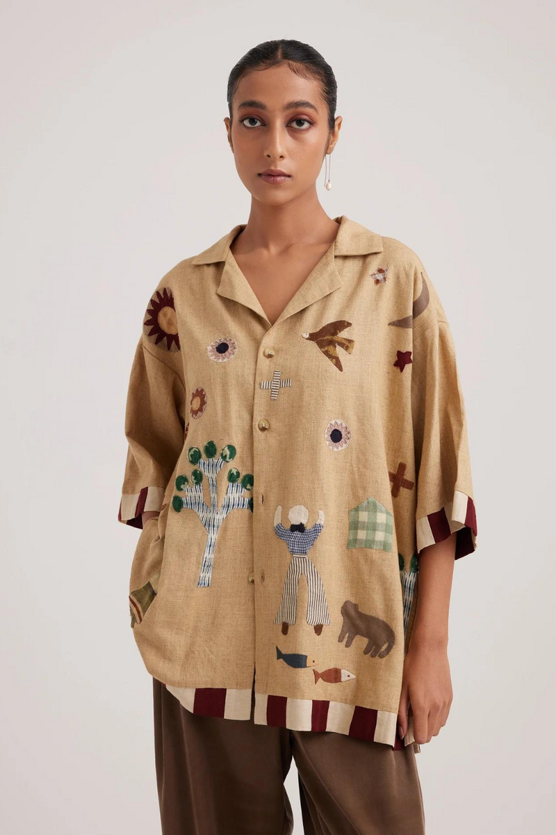 Unisex Oversized Shirt-Folk Applique-Beige by CORD for women Worldwide
